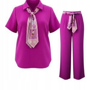 Elegancki komplet 46/48 stylowy zwiewny apaszka bluzka szerokie spodnie – 48