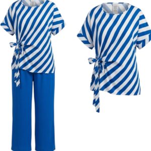 Elegancki komplet 46/48 stylowy zwiewny bluzka paski szerokie spodnie – chaber