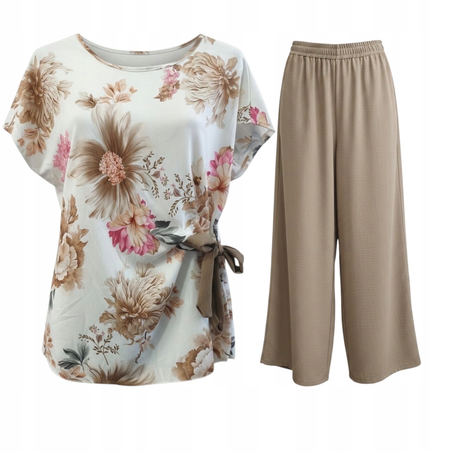 Komplet damski bluzka kwiaty wiązana cienkie spodnie letni plus size 46/48 2 Komplet damski bluzka kwiaty wiązana – beżowy