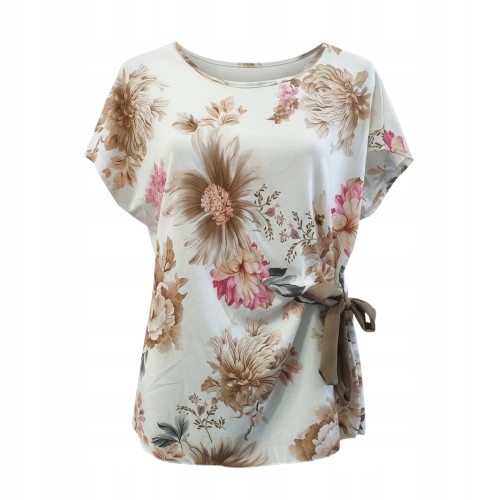 Komplet damski bluzka kwiaty wiązana cienkie spodnie letni plus size 46/48 4 Komplet damski bluzka kwiaty wiązana – beżowy