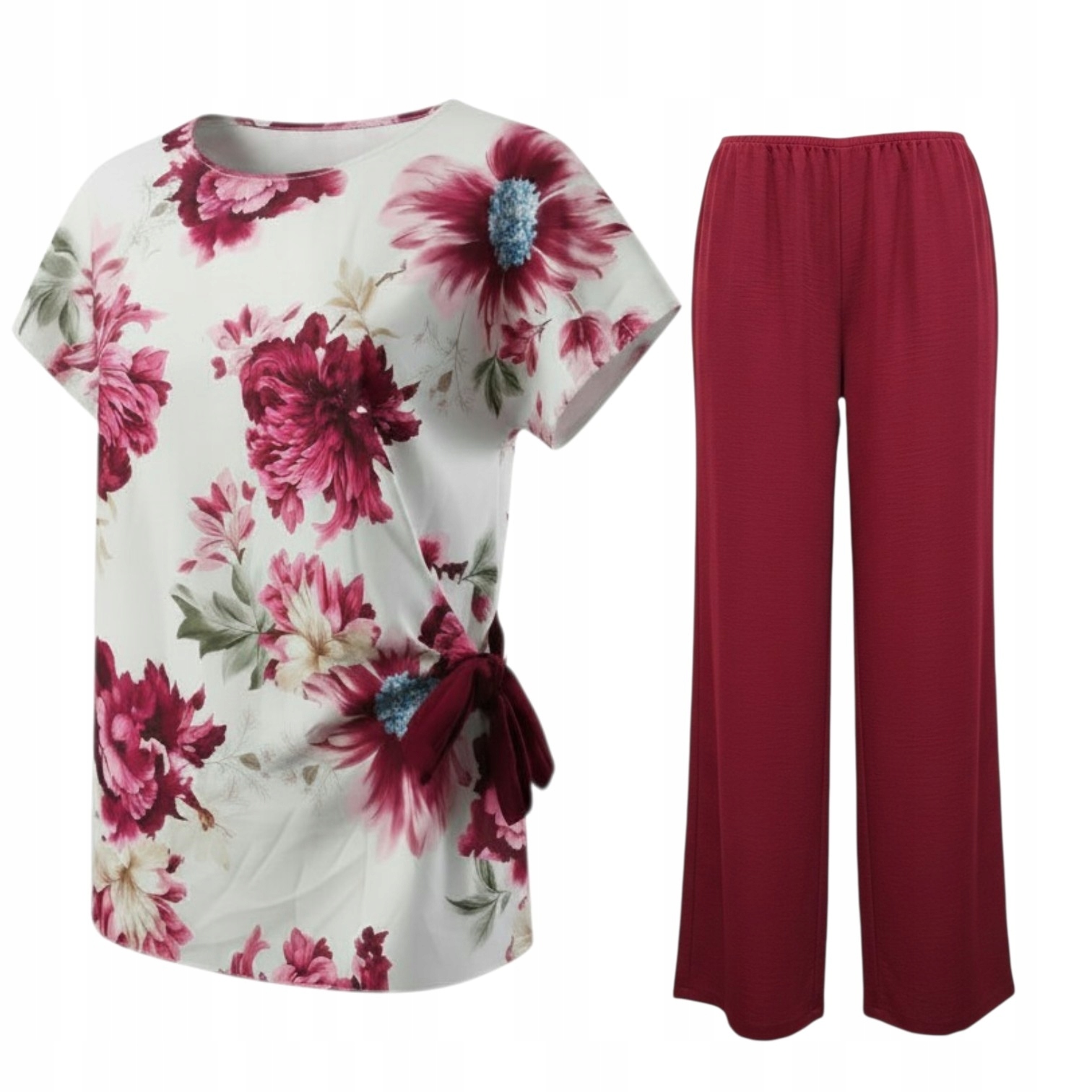 Komplet damski bluzka kwiaty wiązana cienkie spodnie letni plus size 46/48 2 Komplet damski bluzka kwiaty wiązana – bordo