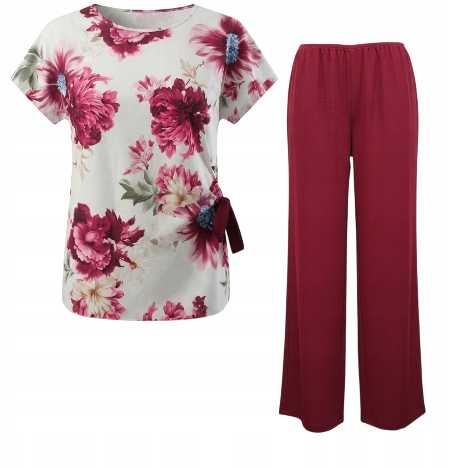 Komplet damski bluzka kwiaty wiązana cienkie spodnie letni plus size 46/48 5 Komplet damski bluzka kwiaty wiązana – bordo