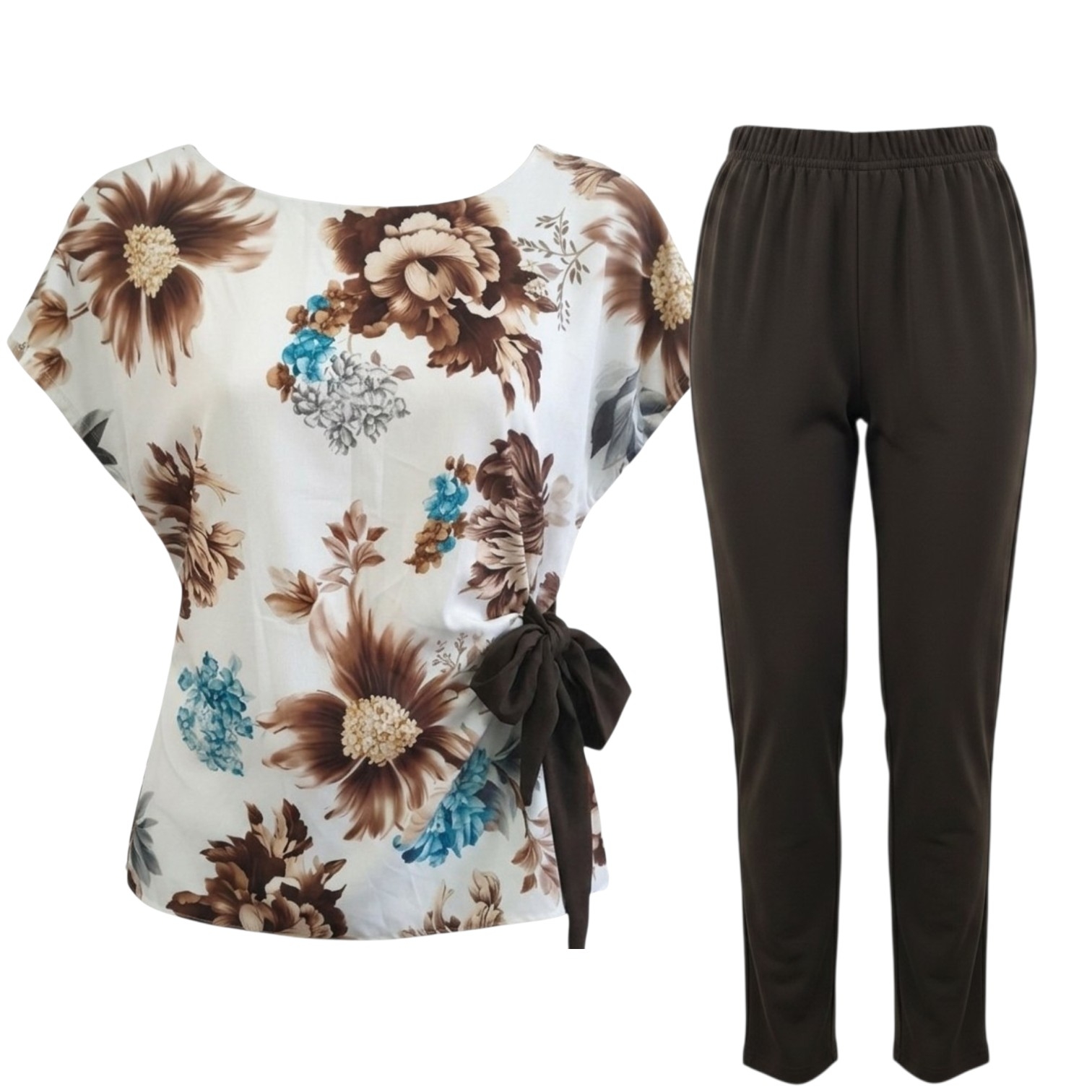 Komplet damski bluzka kwiaty wiązana cienkie spodnie letni plus size 46/48 2 Komplet damski bluzka kwiaty wiązana – brąz