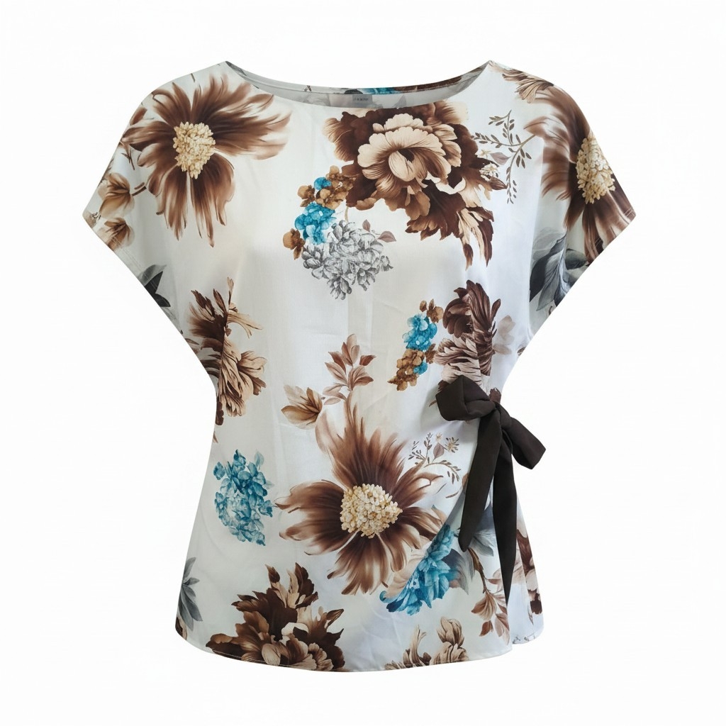 Komplet damski bluzka kwiaty wiązana cienkie spodnie letni plus size 46/48 4 Komplet damski bluzka kwiaty wiązana – brąz