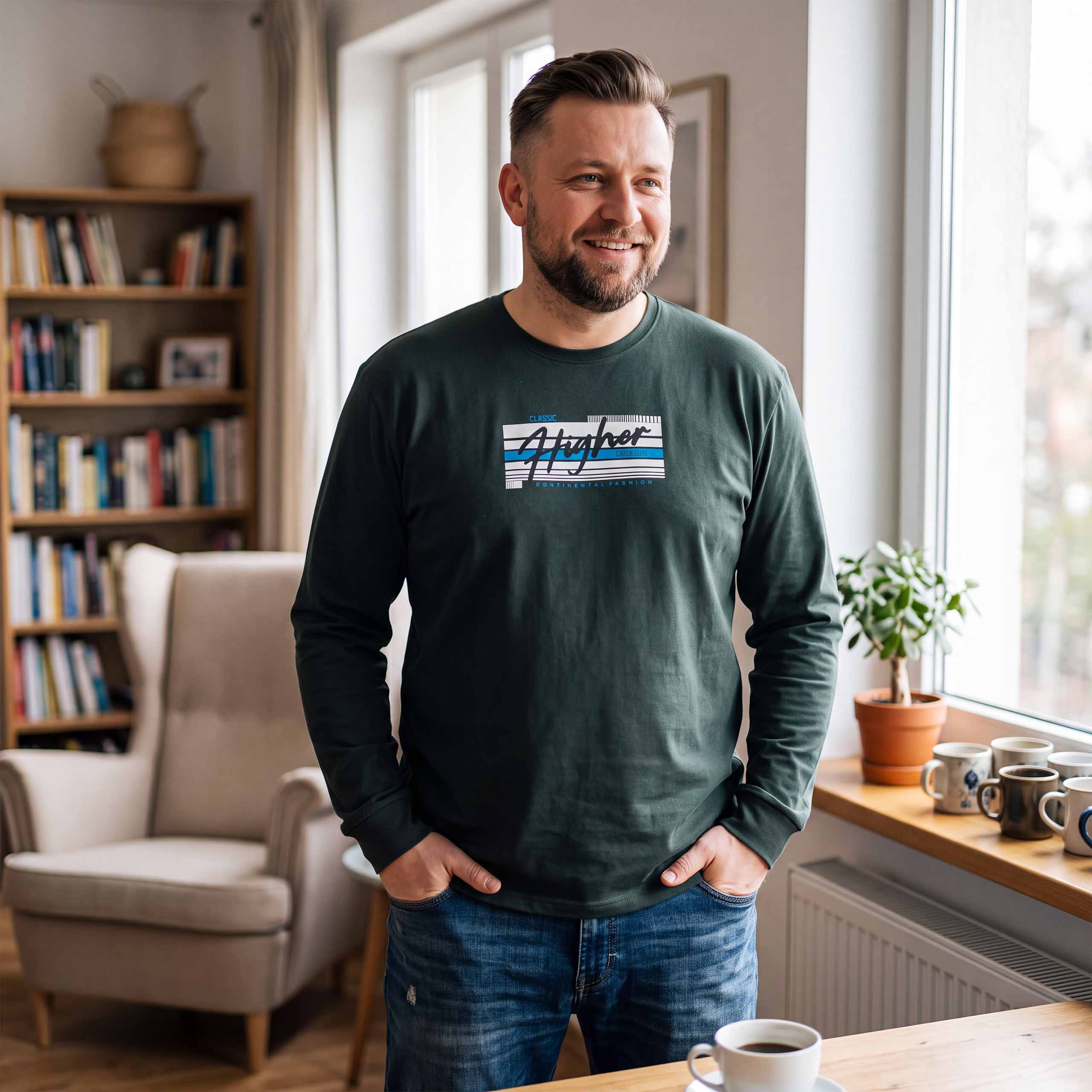 Podkoszulka Longsleeve bawełna T-shirt długi rękaw męska z nadrukiem XL/XXL 6 Podkoszulka longsleeve męska bawełniana z nadrukiem, kolor khaki – na modelu