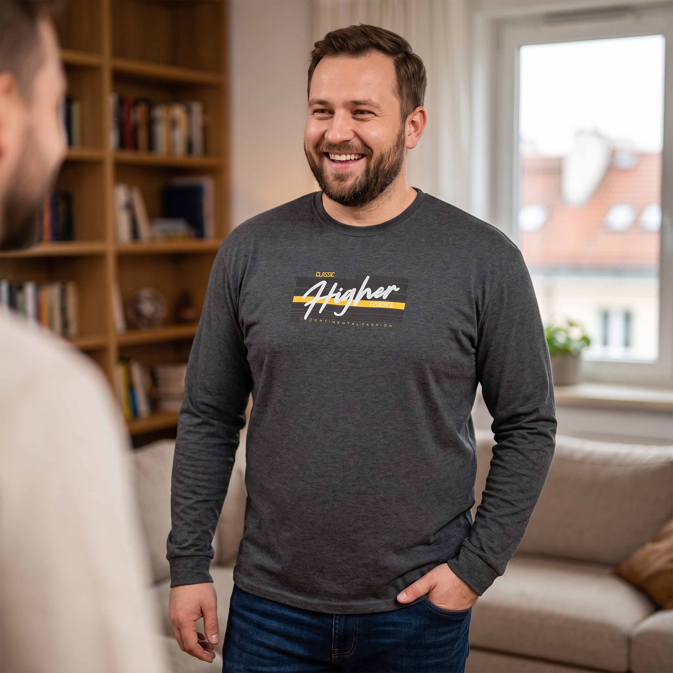 Podkoszulka Longsleeve bawełna T-shirt długi rękaw męska z nadrukiem XL/XXL 6 Podkoszulka longsleeve męska bawełniana z nadrukiem, kolor grafitowy melanż – na modelu