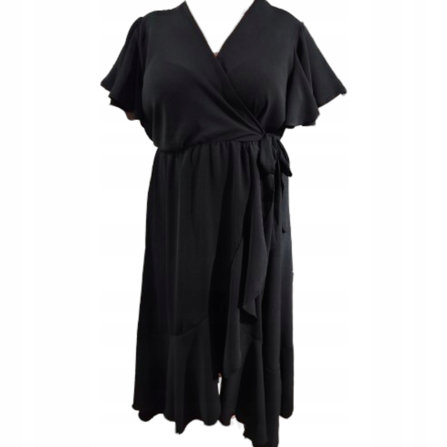 Zwiewna Sukienka Letnia Długa Luźna Falbanka maxi kopertowa plus size 48/50 1 Zwiewna Sukienka Letnia Długa Luźna Falbanka – czarny
