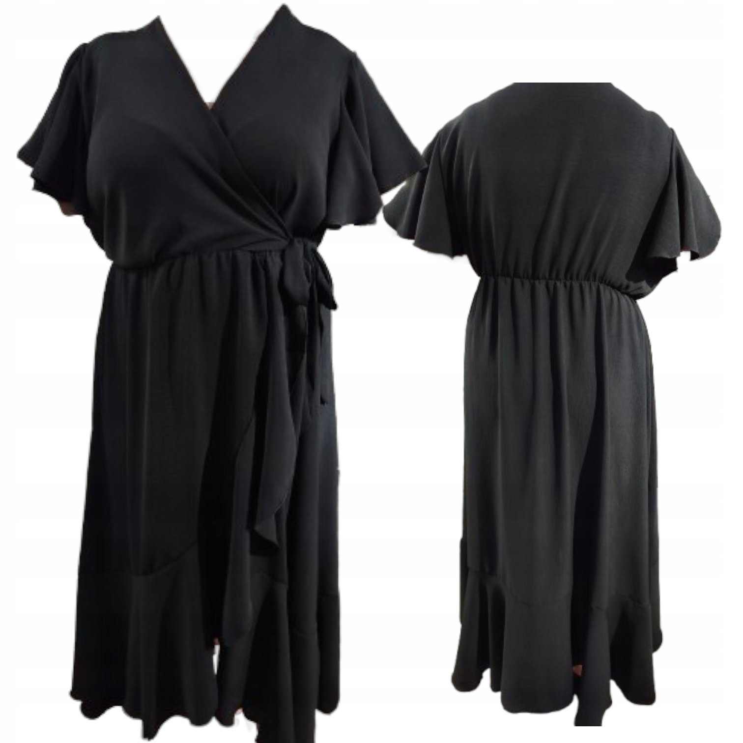 Zwiewna Sukienka Letnia Długa Luźna Falbanka maxi kopertowa plus size 48/50 5 Zwiewna Sukienka Letnia Długa Luźna Falbanka – czarny