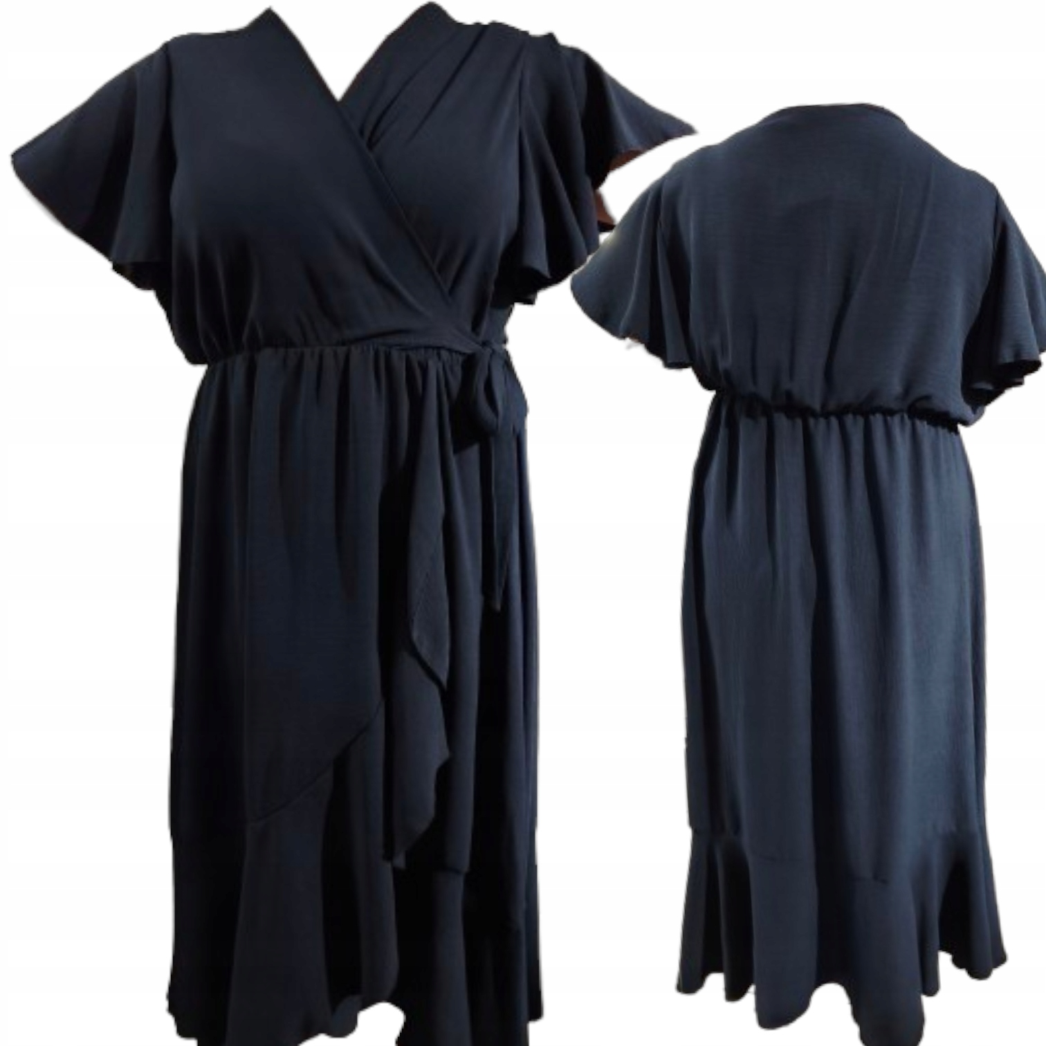 Zwiewna Sukienka Letnia Długa Luźna Falbanka maxi kopertowa plus size 48/50 3 Zwiewna Sukienka Letnia Długa Luźna Falbanka – granat