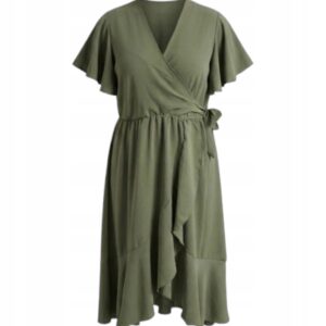 Zwiewna Sukienka Letnia Długa Luźna Falbanka maxi kopertowa plus size 48/50 – khaki