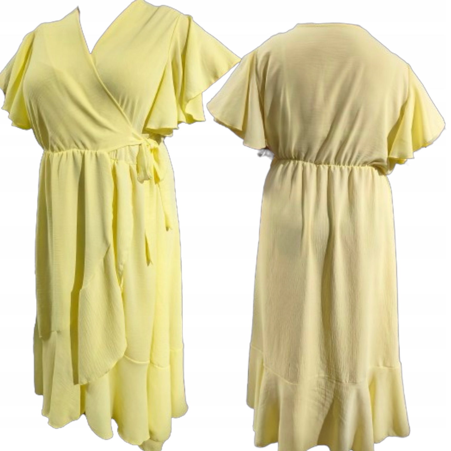 Zwiewna Sukienka Letnia Długa Luźna Falbanka maxi kopertowa plus size 48/50 4 Zwiewna Sukienka Letnia Długa Luźna Falbanka – zolty