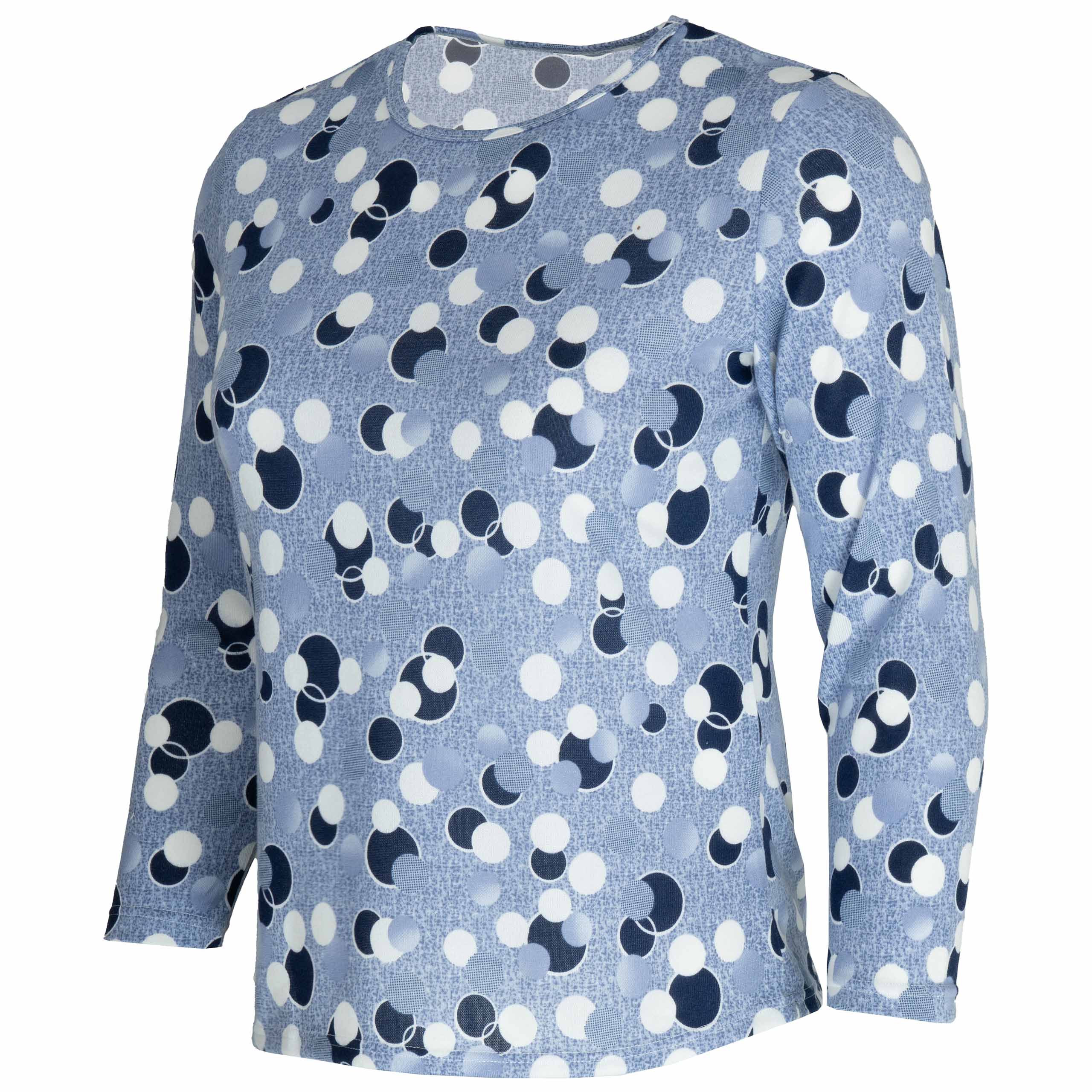 Bluzka damska DŁUGI RĘKAW w kropki grochy BAWEŁNIANA duże 5XL/6XL (50/52) 2 Bluzka damska z długim rękawem w kropki, kolor fioletowy – przód pod kątem