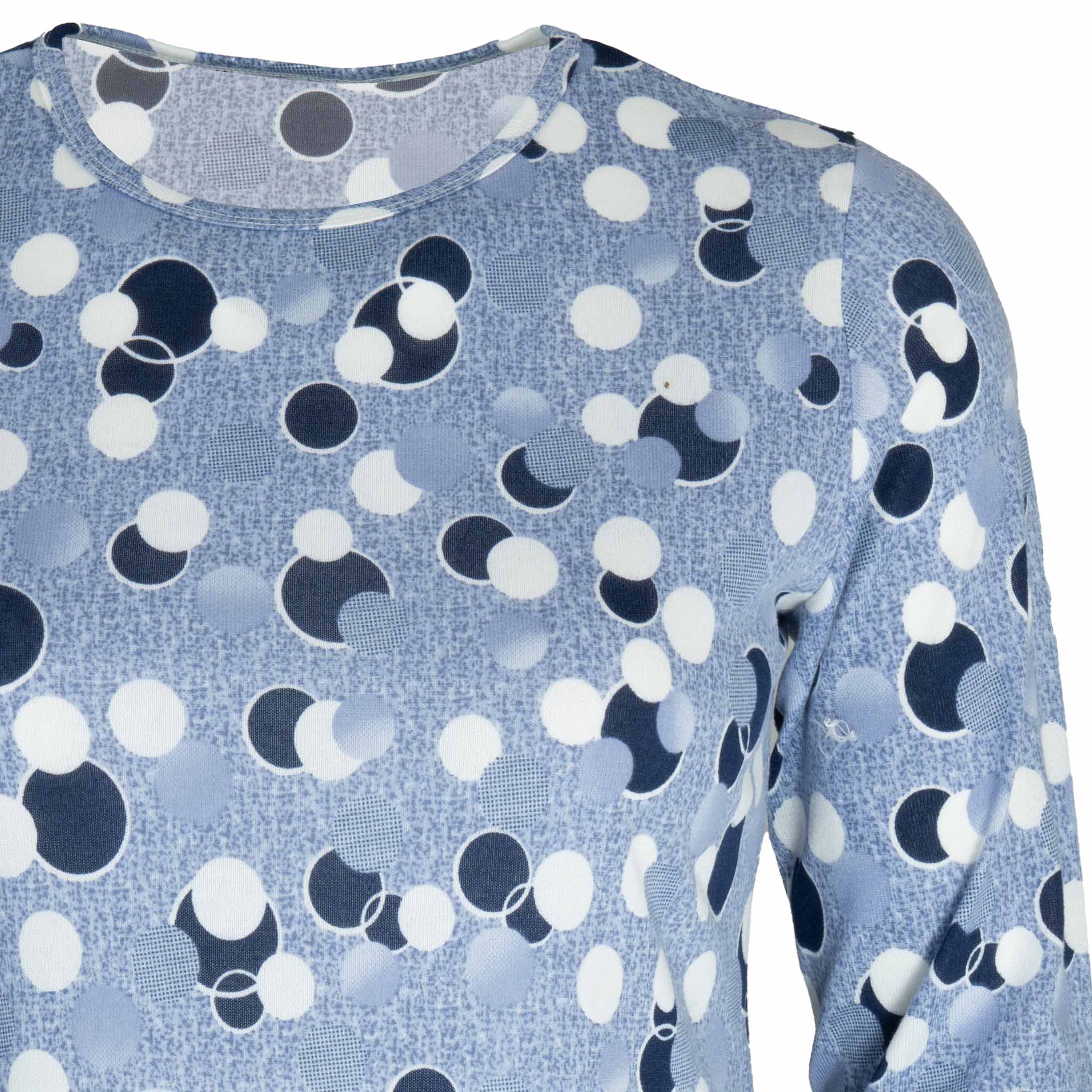 Bluzka damska DŁUGI RĘKAW w kropki grochy BAWEŁNIANA duże 5XL/6XL (50/52) 4 Bluzka damska z długim rękawem w kropki, kolor fioletowy – zbliżenie wzoru i dekoltu