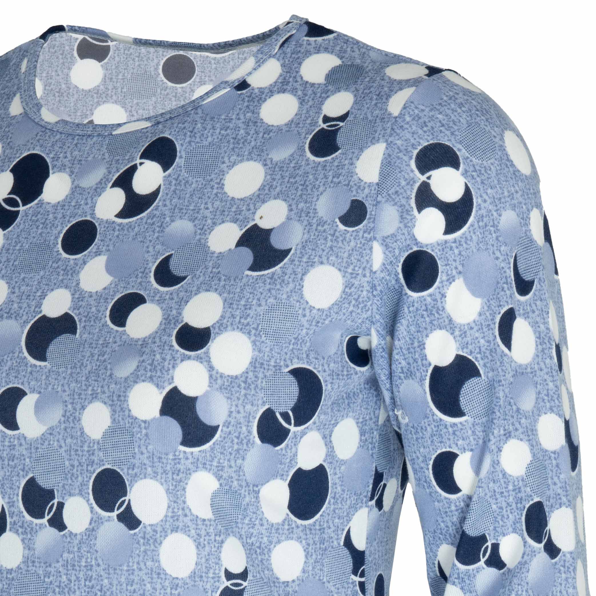 Bluzka damska DŁUGI RĘKAW w kropki grochy BAWEŁNIANA duże 5XL/6XL (50/52) 5 Bluzka damska z długim rękawem w kropki, kolor fioletowy – zbliżenie wzoru z boku