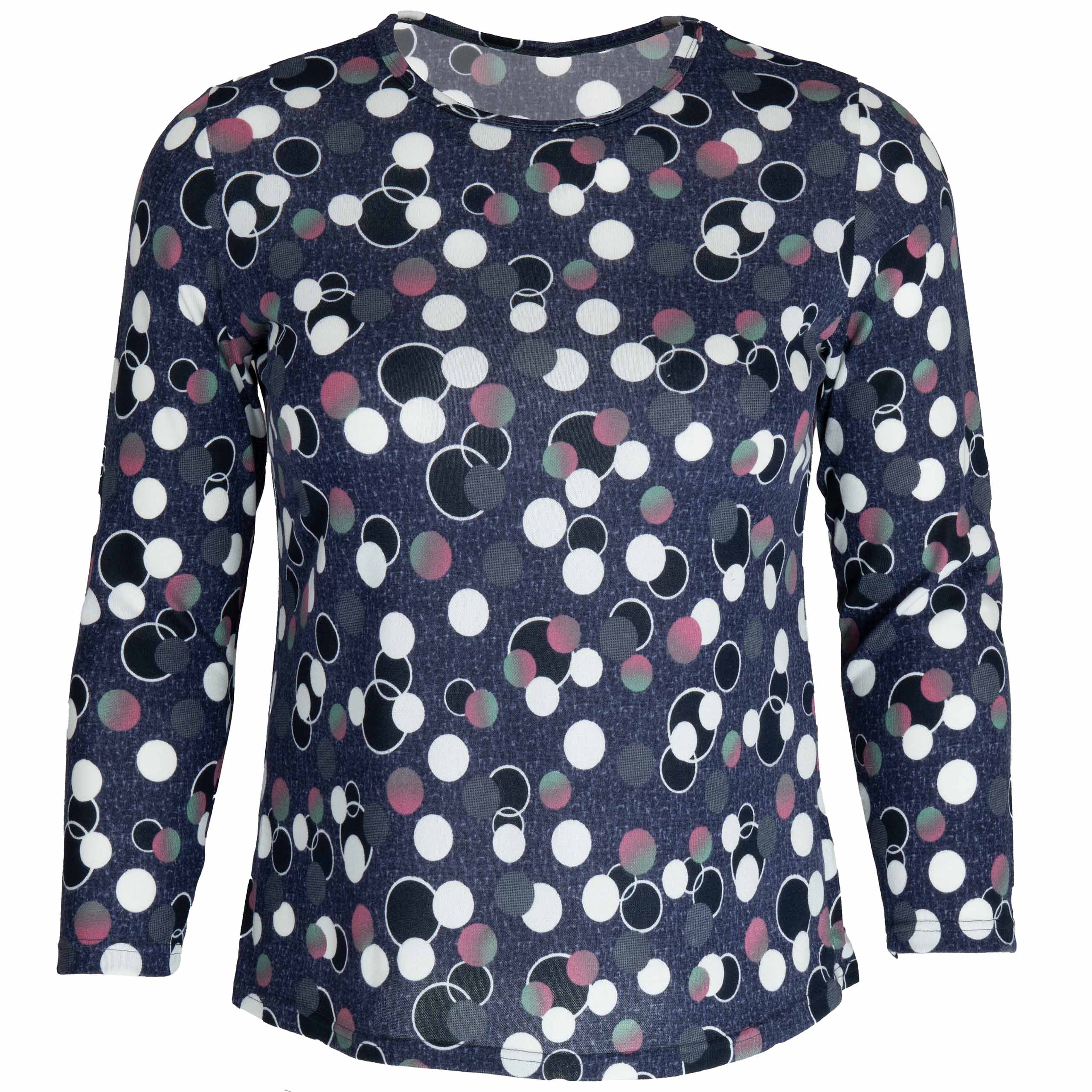 Bluzka damska DŁUGI RĘKAW w kropki grochy BAWEŁNIANA duże 5XL/6XL (50/52) 1 Bluzka damska z długim rękawem w kropki, kolor granatowy – przód