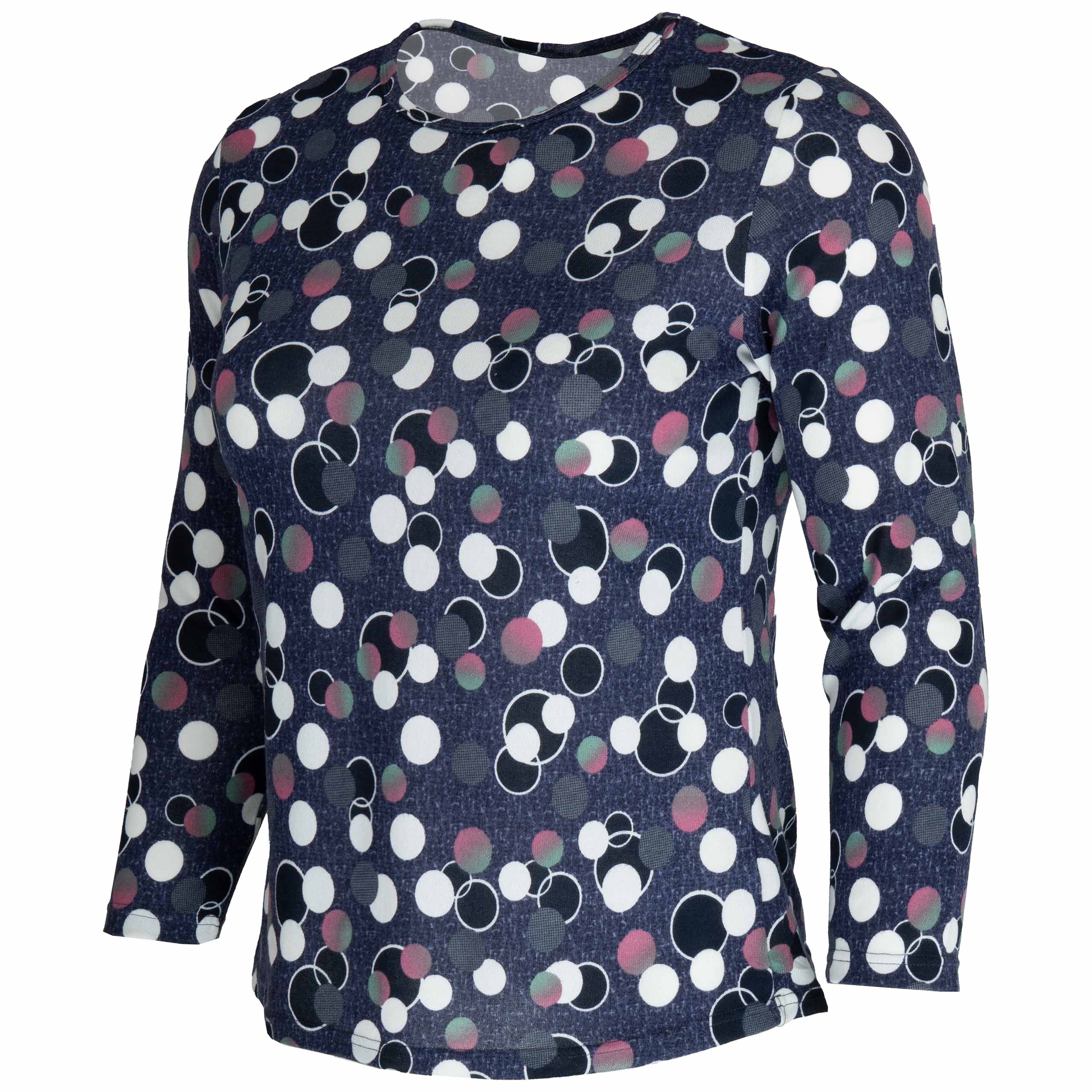 Bluzka damska DŁUGI RĘKAW w kropki grochy BAWEŁNIANA duże 5XL/6XL (50/52) 2 Bluzka damska z długim rękawem w kropki, kolor granatowy – przód pod kątem