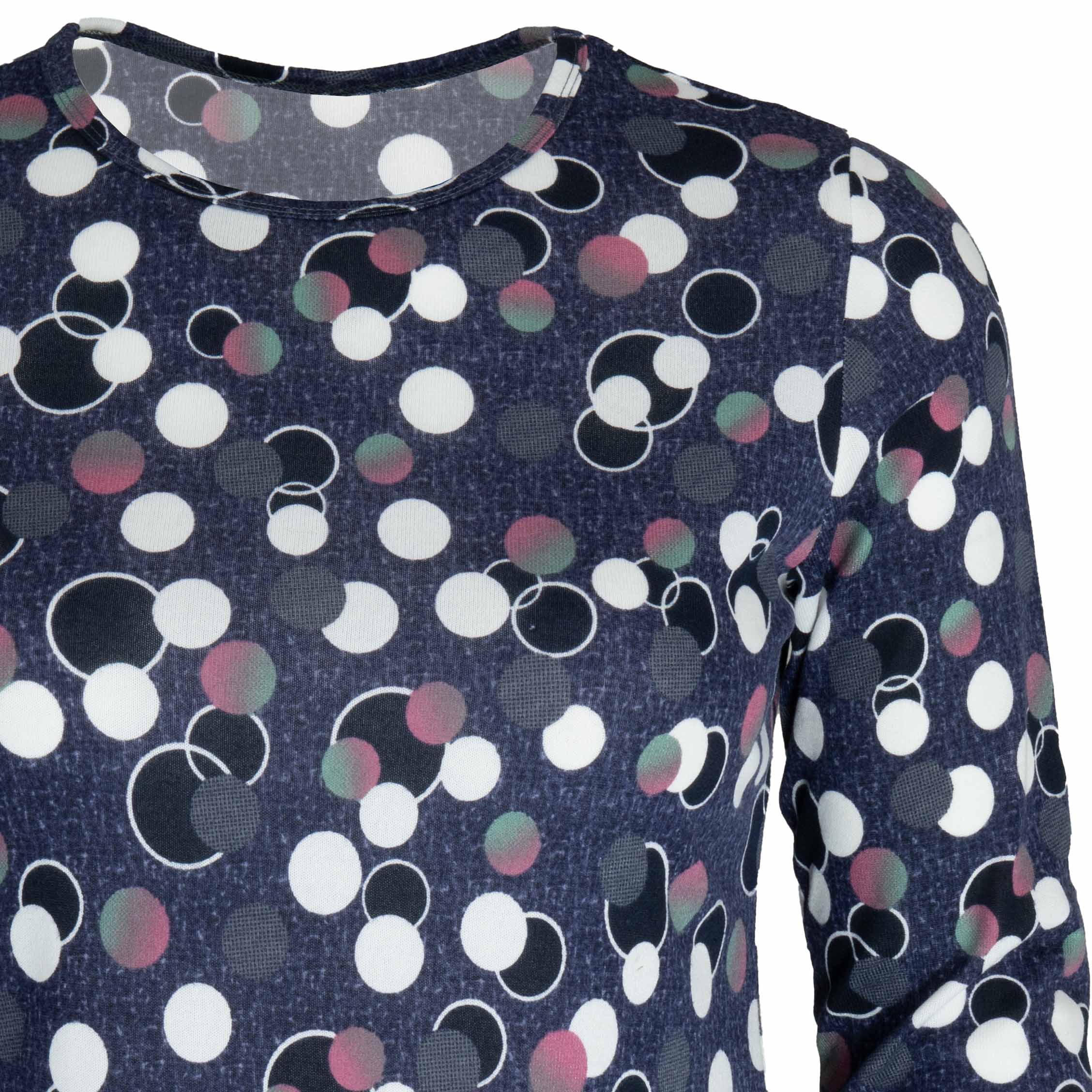 Bluzka damska DŁUGI RĘKAW w kropki grochy BAWEŁNIANA duże 5XL/6XL (50/52) 4 Bluzka damska z długim rękawem w kropki, kolor granatowy – zbliżenie wzoru i dekoltu