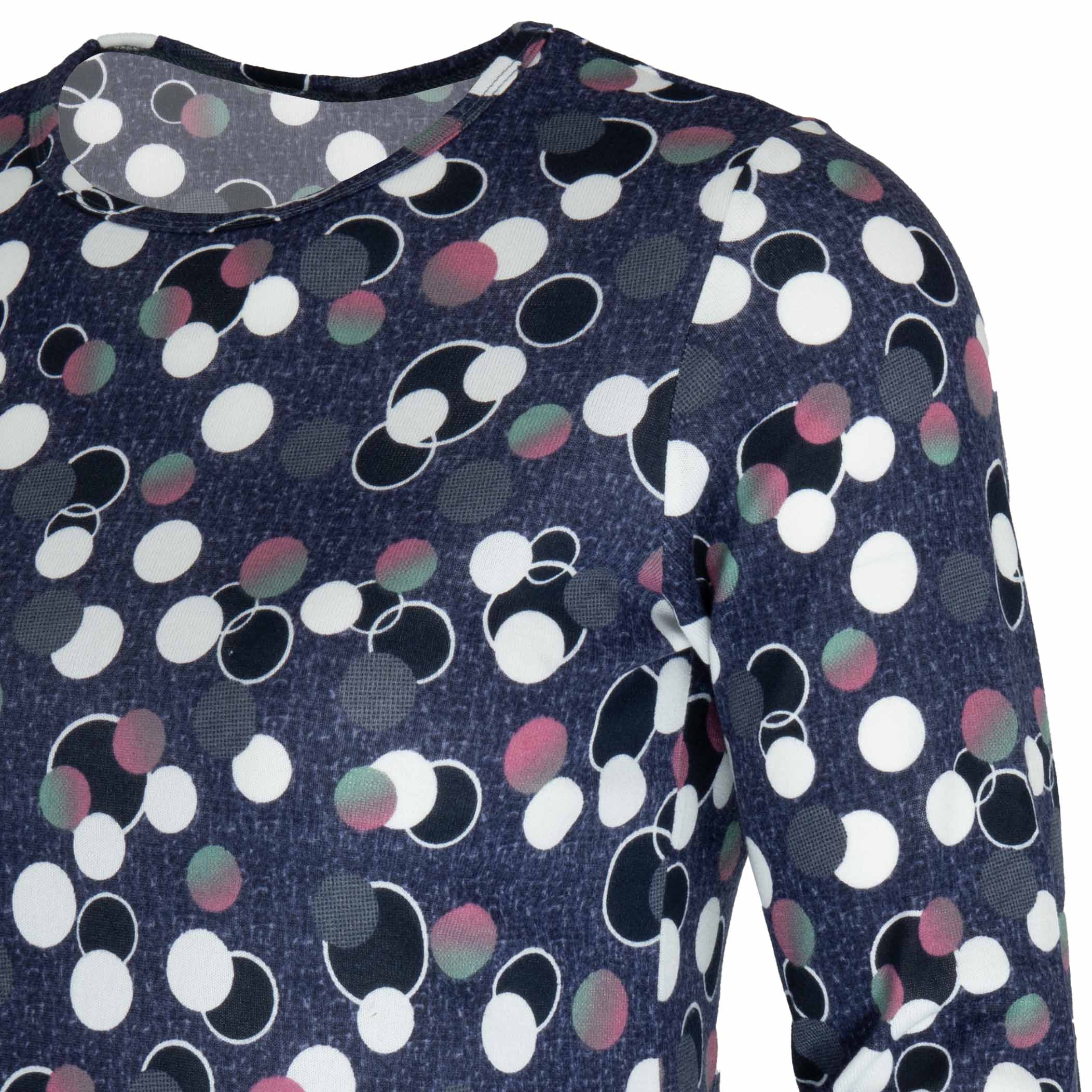 Bluzka damska DŁUGI RĘKAW w kropki grochy BAWEŁNIANA duże 5XL/6XL (50/52) 5 Bluzka damska z długim rękawem w kropki, kolor granatowy – zbliżenie wzoru z boku