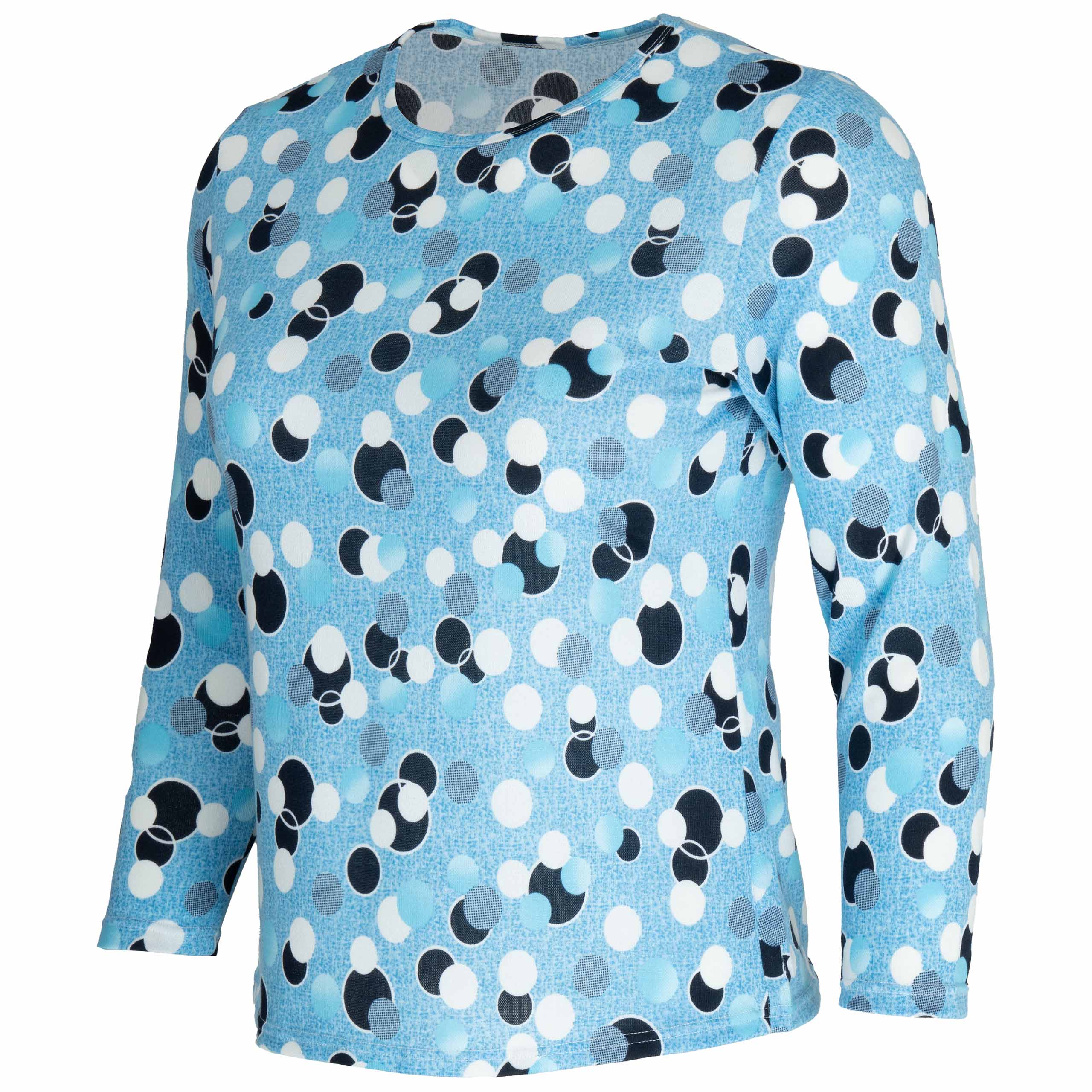 Bluzka damska DŁUGI RĘKAW w kropki grochy BAWEŁNIANA duże 5XL/6XL (50/52) 2 Bluzka damska z długim rękawem w kropki, kolor niebieski – przód pod kątem
