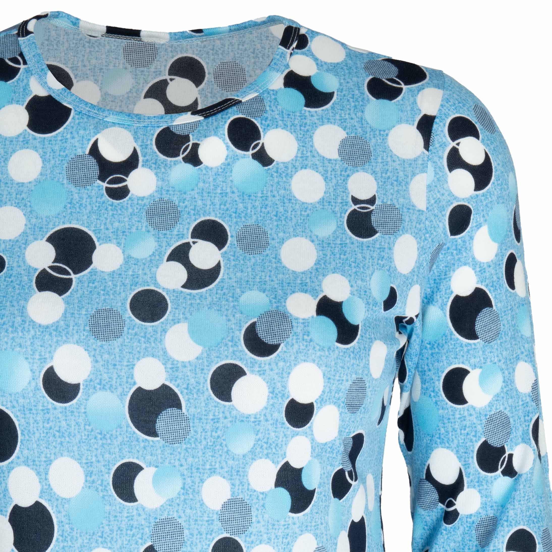 Bluzka damska DŁUGI RĘKAW w kropki grochy BAWEŁNIANA duże 5XL/6XL (50/52) 4 Bluzka damska z długim rękawem w kropki, kolor niebieski – zbliżenie wzoru i dekoltu