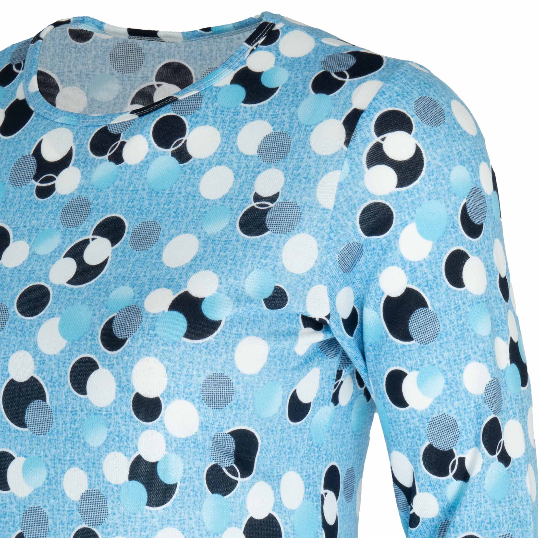 Bluzka damska DŁUGI RĘKAW w kropki grochy BAWEŁNIANA duże 5XL/6XL (50/52) 5 Bluzka damska z długim rękawem w kropki, kolor niebieski – zbliżenie wzoru z boku