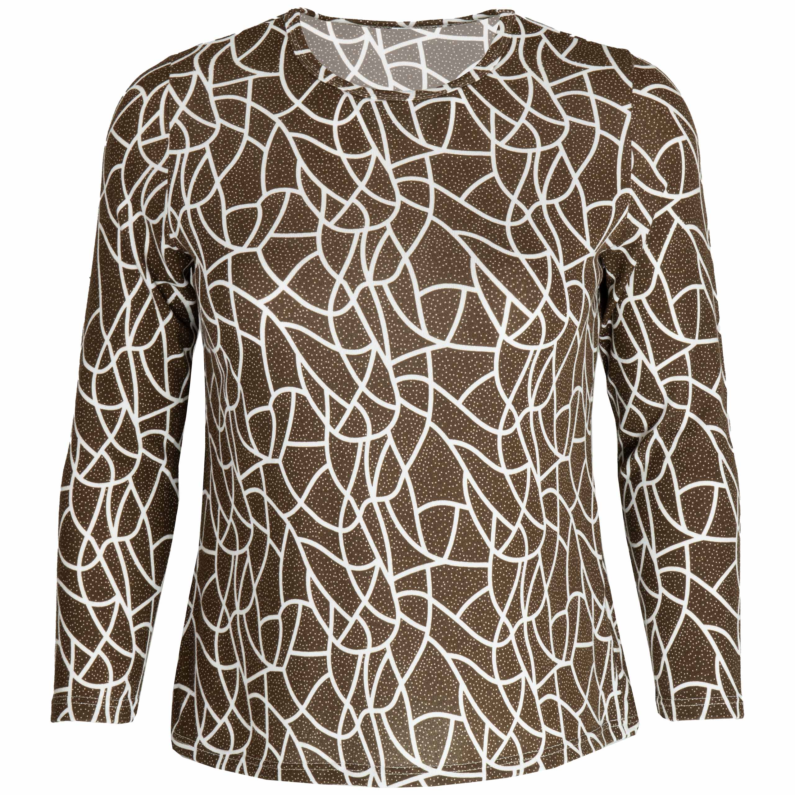 Bluzka damska DŁUGI RĘKAW wzór geometryczny BAWEŁNIANA duże 7XL/8XL (52/54) 1 Bluzka damska z długim rękawem we wzór geometryczny, kolor brązowy – przód
