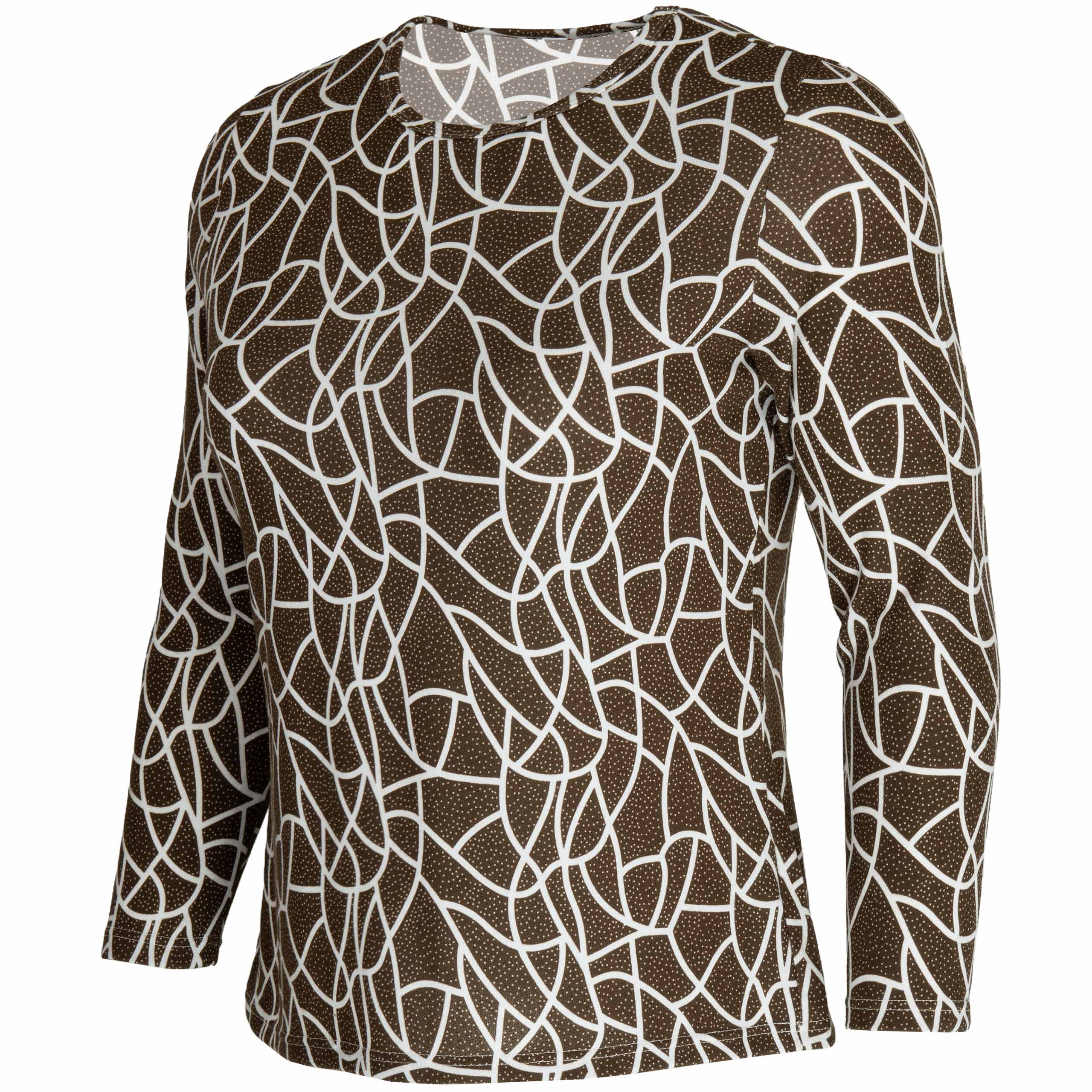 Bluzka damska DŁUGI RĘKAW wzór geometryczny BAWEŁNIANA duże 7XL/8XL (52/54) 2 Bluzka damska z długim rękawem we wzór geometryczny, kolor brązowy – przód pod kątem