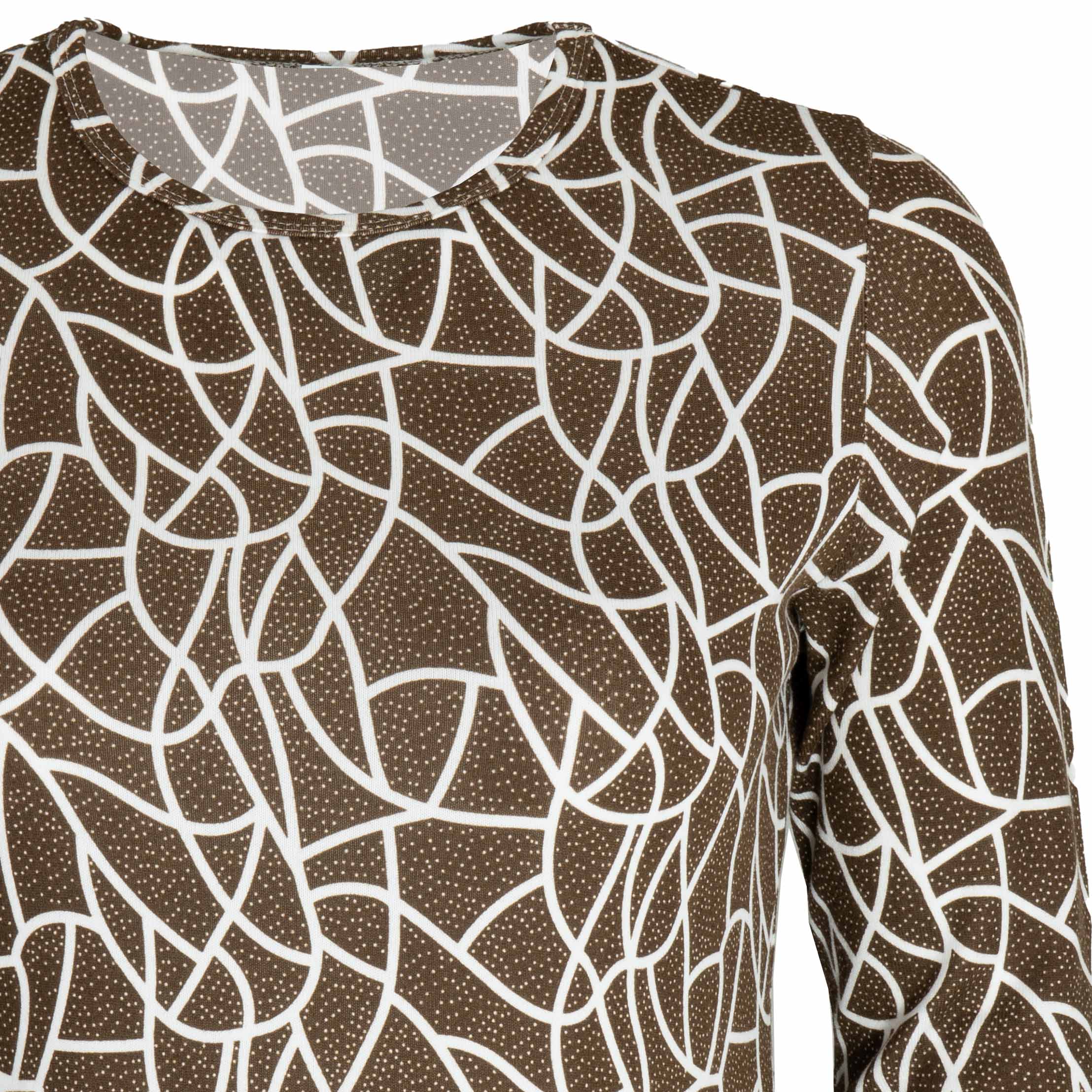 Bluzka damska DŁUGI RĘKAW wzór geometryczny BAWEŁNIANA duże 7XL/8XL (52/54) 4 Bluzka damska z długim rękawem we wzór geometryczny, kolor brązowy – zbliżenie wzoru i dekoltu
