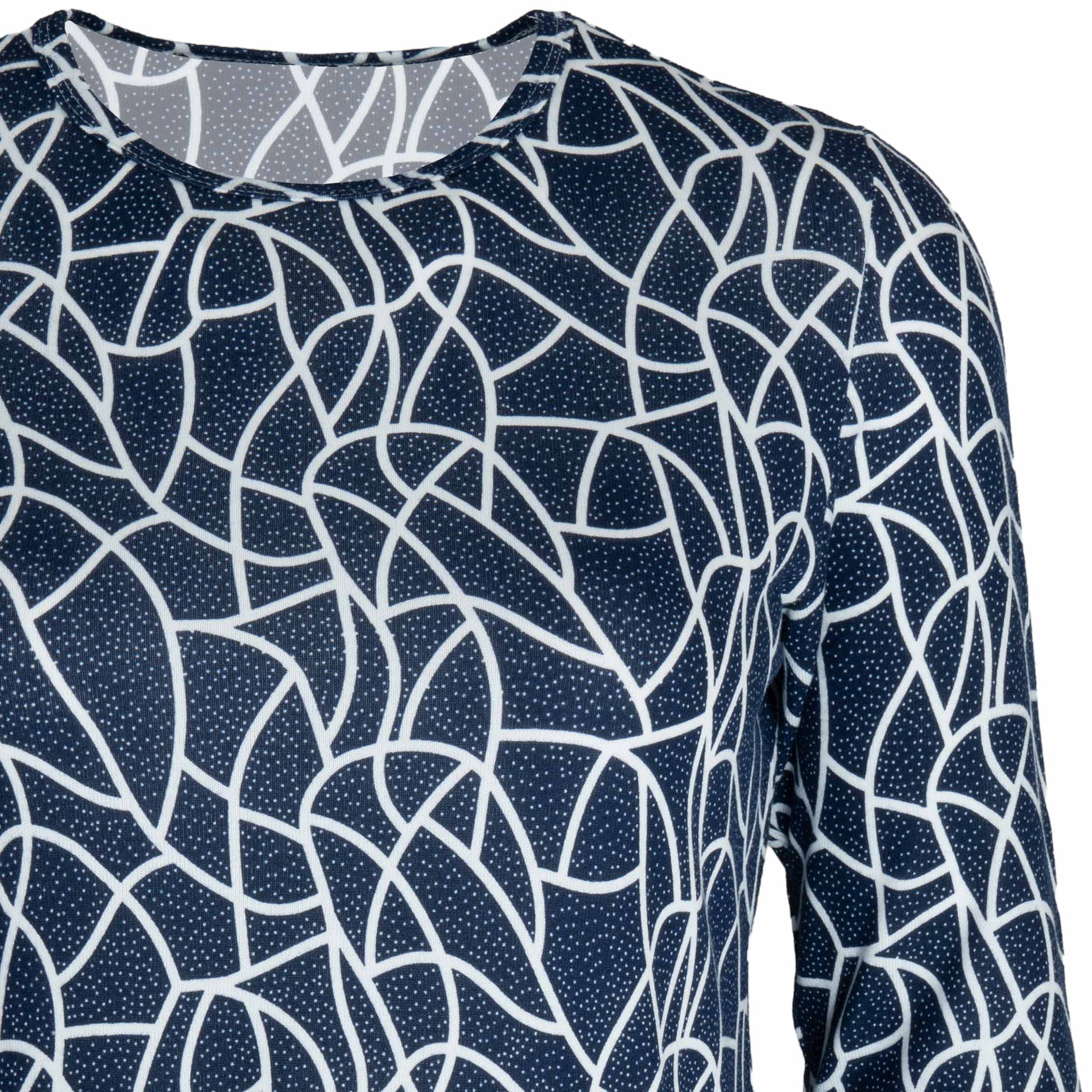 Bluzka damska DŁUGI RĘKAW wzór geometryczny BAWEŁNIANA bluzki duże 4XL (48) 4 Bluzka damska z długim rękawem we wzór geometryczny, kolor granatowy – zbliżenie wzoru i dekoltu