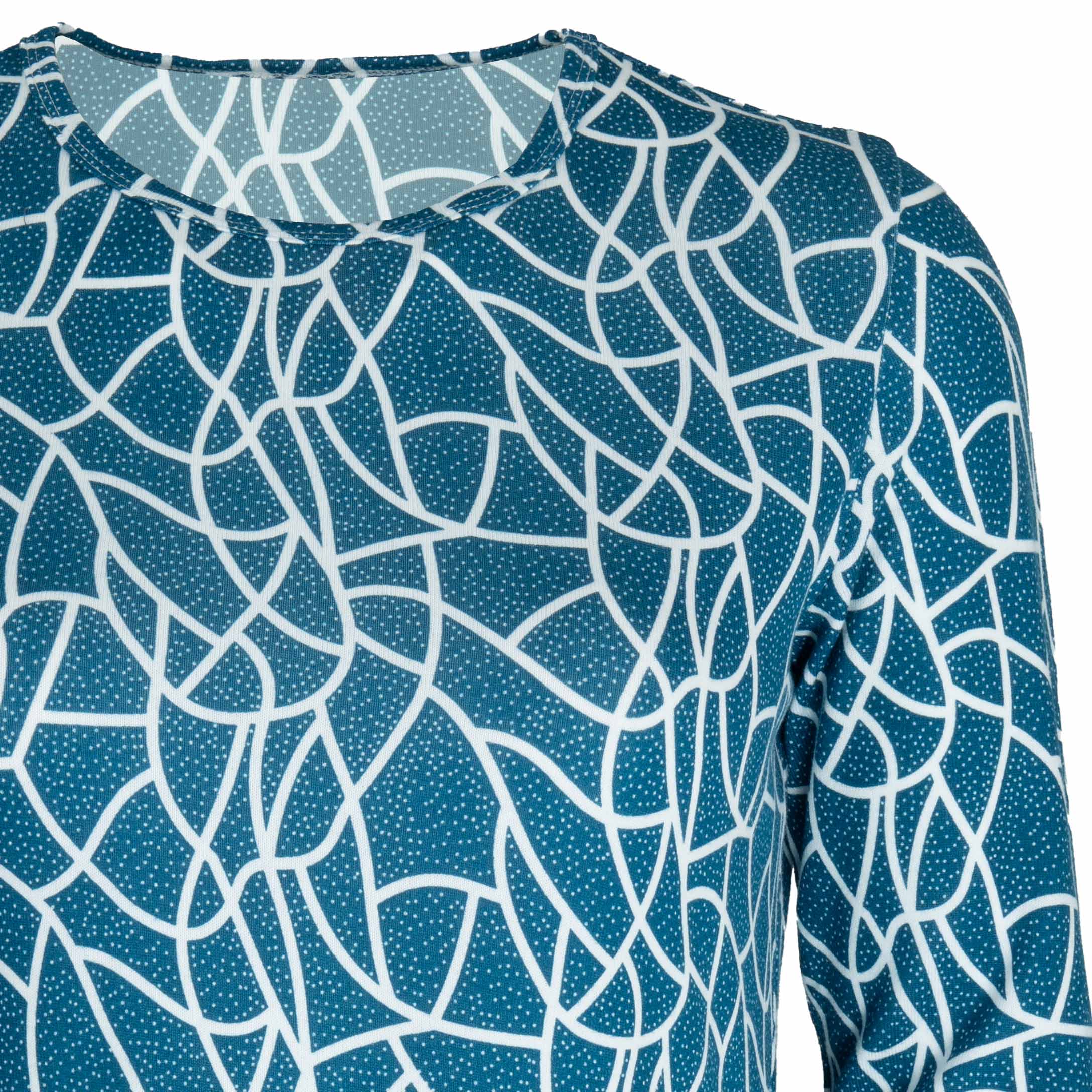 Bluzka damska DŁUGI RĘKAW wzór geometryczny BAWEŁNIANA bluzki duże 4XL (48) 4 Bluzka damska z długim rękawem we wzór geometryczny, kolor morski – zbliżenie wzoru i dekoltu