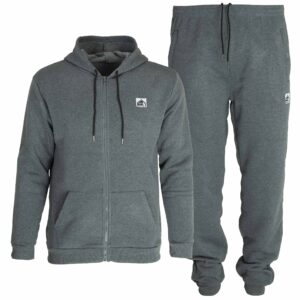 Dres męski komplet: bluza z kapturem i spodnie, kolor jasnoszary melanż – komplet przód