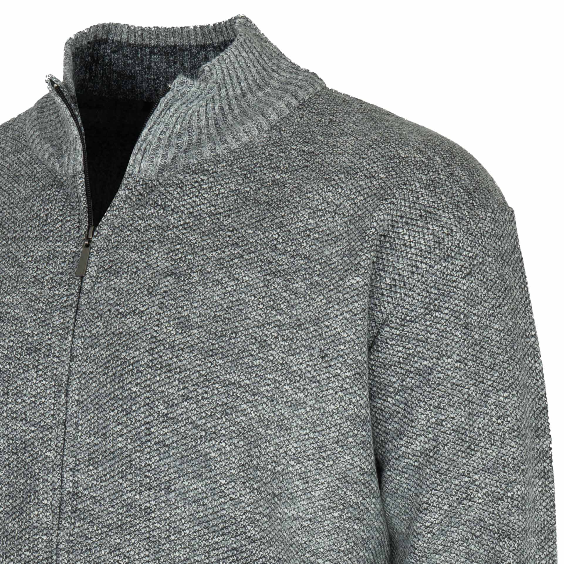 Sweter męski rozpinany na zamek OCIEPLANY FUTERKIEM ze stójką DUŻY 4XL/5XL 5 Sweter męski rozpinany na zamek, ocieplany, kolor jasnoszary melanż – zbliżenie stójki z boku